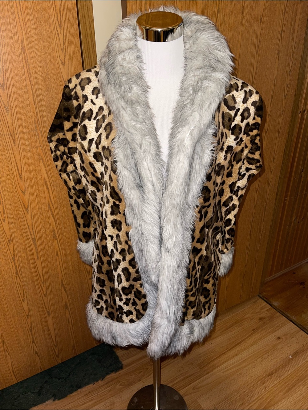 Misdemeanor Leopard Print Faux Fur-Trim Cape Coat in Brown and Gray